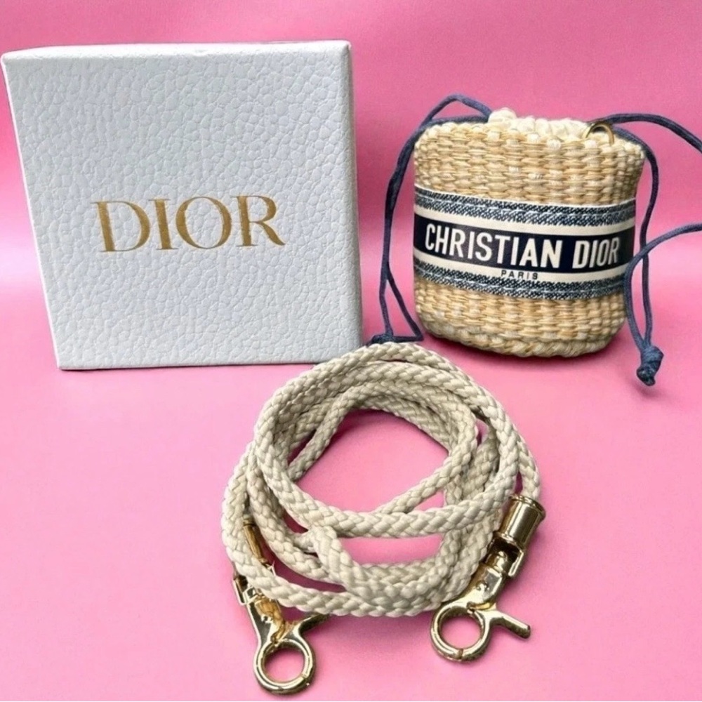 Dior Natural Straw Mini Bag with Navy Christian Dior Band and Gold Hardware